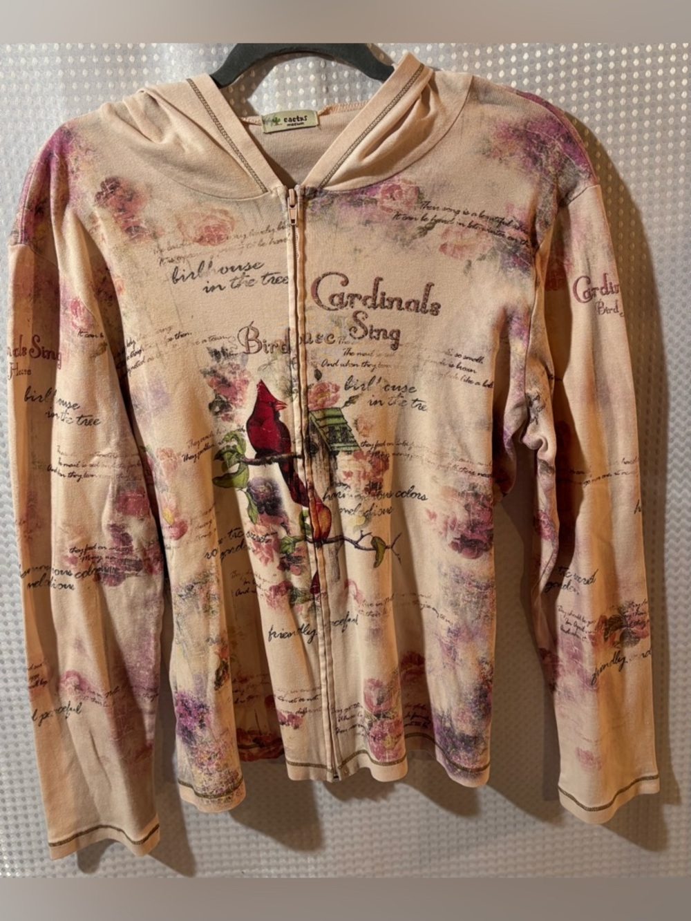 Cactus M Cardinals Print Zip Hoodie Jacket - Pink & Red